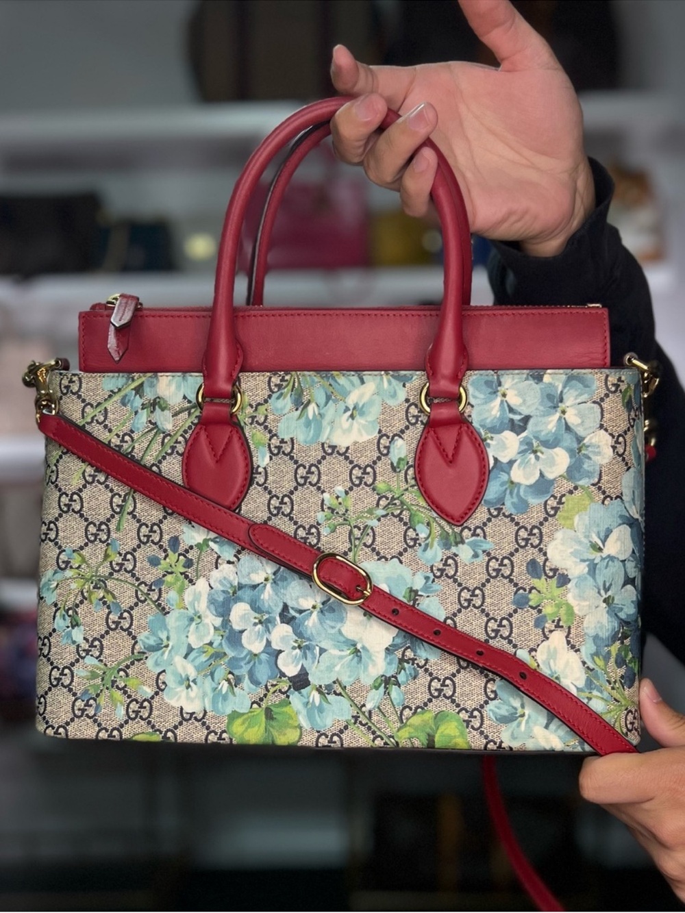 Gucci Floral GG Supreme Satchel in Red and Blue